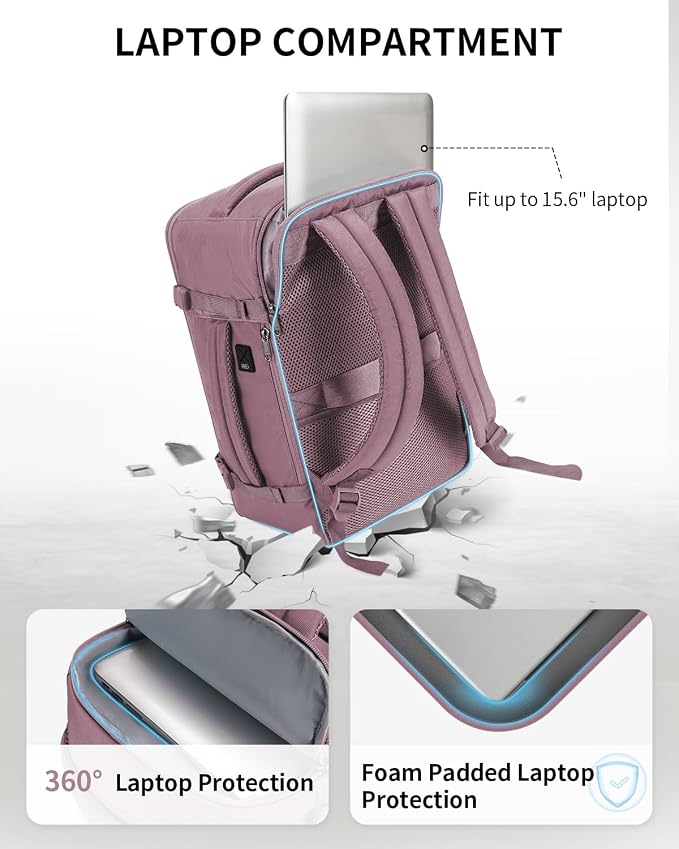 ECOHUB 17'' Small Travel Backpack, United Airlines Personal Item Bag 16.9"x10"x7.5" Carry on Backpack with USB Port Luggage Sleeve Travel Essentials for Men Women Water Resistant, Pink