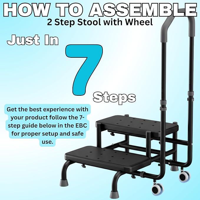 2 Step Stool with Handle & Wheels for Seniors, 400 lbs Capacity, Heavy Duty Step Stool for Bed, Adjustable 5-Level Handrail, Non-Slip Wide Steps, for Grandpa