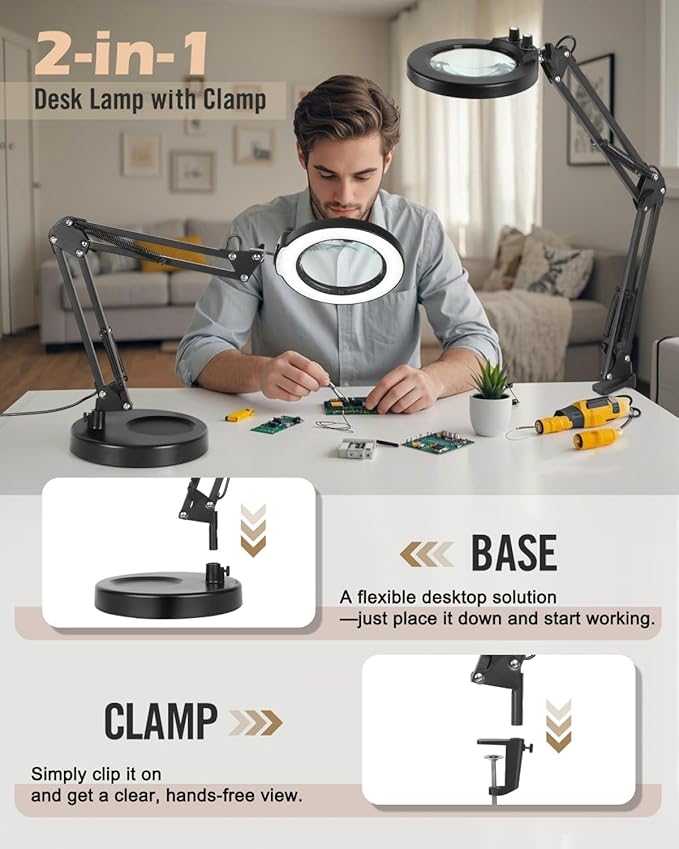 LANCOSC 12X Magnifying Glass with Light and Stand, Real Glass Lens, Switch Knob for Multi-Color Modes Dimmable, LED Lighted Desk Lamp & Clamp, Hands Free Magnifier for Repair Craft Painting Close Work