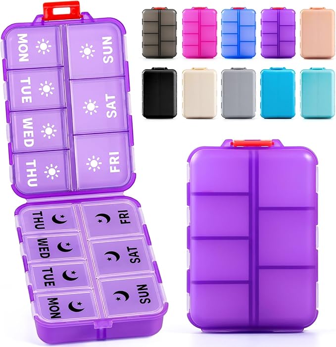 Foldable & Portable Weekly Pill Organizer 2 Times a Day with Clear Printed Labels - 7 Day AM PM Medicine Box, Week Daily Travel Pill Case Holder for Medications, Vitamin, Supplement - Clear Purple