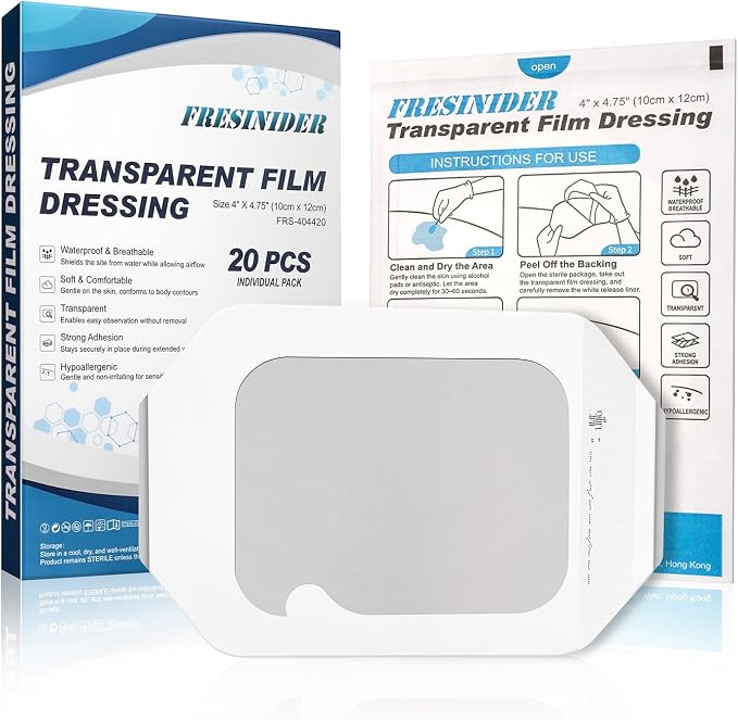 FRESINIDER Transparent Film Dressing 4” x 4.75” (20 Pack) – Waterproof Shower Bandages, Breathable Clear Wound Cover with Border for IV Shield, Post-Surgery Care & Tattoo Aftercare