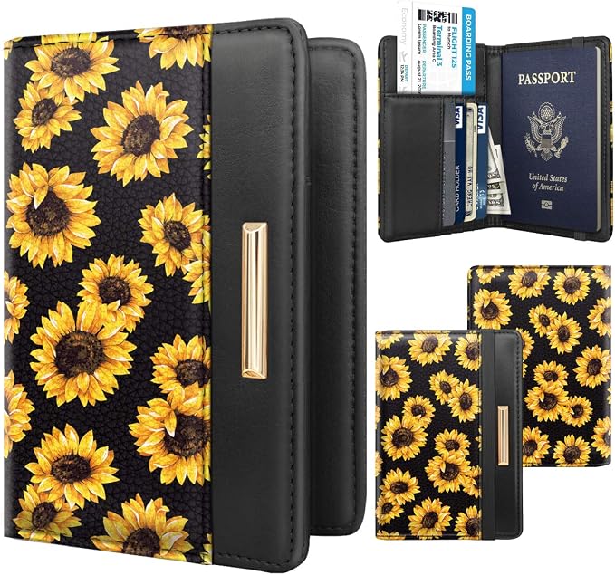 Coco Rossi Passport Holder for Travel Women Slim RFID Passport Cover Wallet | Travel Essentials, Passport Book Holders, Passport Wallet Cover Case, PU Leather, Cute, Thin, Spliced Design, Sunflower