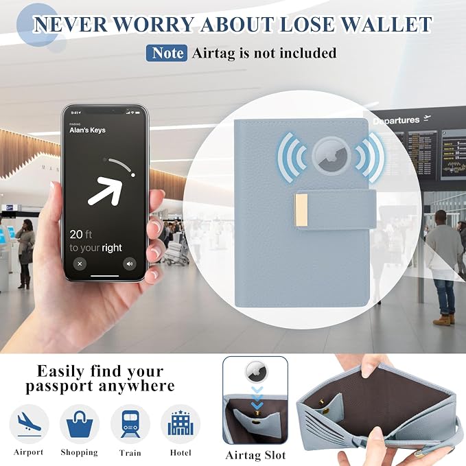 BKNOOU RFID Blocking Passport Holder with Airtag Slot- Leather Travel Passport Wallet for Women & Men, Slim Bifold Travel Passport Holder Holds Cards & Tickets & Cash (Blue)