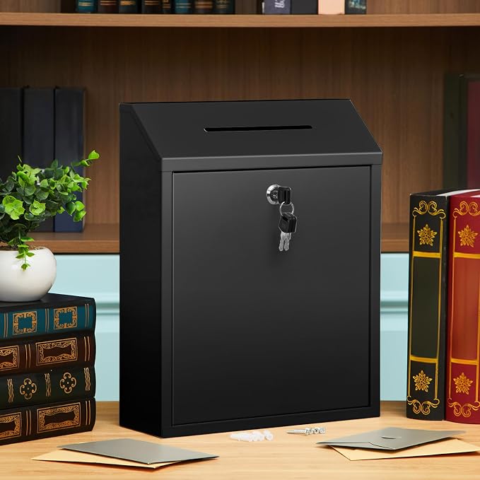 Yaocom Metal Money Box,Black,15 x 12 x 4 Inch,No Lid | Wall Mounted Drop Donation Cash Box for Farm Stand Collection Safe Suggestion Box with Lock Container for Home Office Outdoor