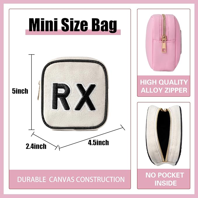 uekeboag Personalized Small Canvas Medicine Cosmetic Bag, Cute Plaid Pattern Chenille Letter Patch RX Drug Pouch with Zipper, Makeup Travel Gift Bag for Women and Girls (11Beige Canvas)