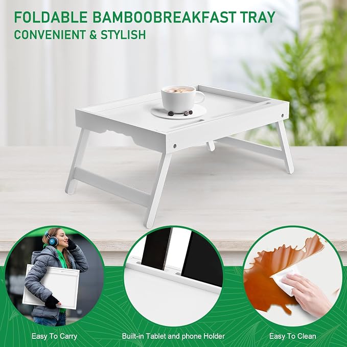 Artmeer X-Large Bamboo Bed Tray with Device Slot and Folding Legs, White | X-large FSC-certified bamboo bed tray with device slot, folding legs and extra space for meals, laptops and reading in bed.