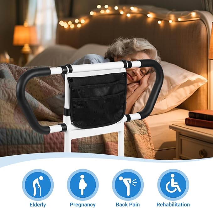 Klvied Bed Rails for Elderly Adults Safety, Bed Side Rails with Non-Slip Handles, Adjustable Bed Cane with Motion Light and Storage Bag, 400LB Gravity Capacity