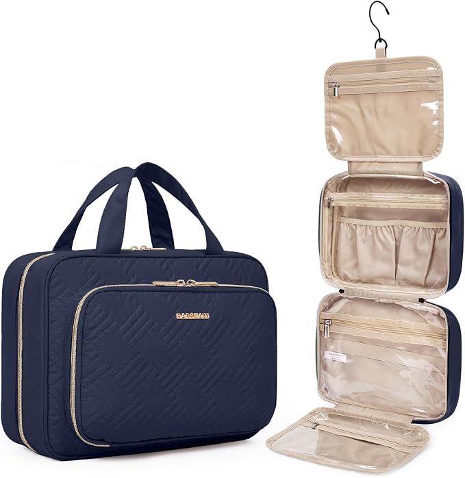 BAGSMART Toiletry Bag Hanging Travel Makeup Organizer with TSA Approved Transparent Cosmetic Bag Makeup Bag for Full Sized Toiletries, Large-Navy