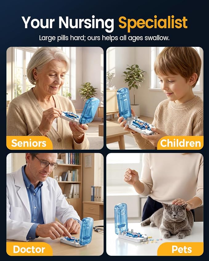 Professional Pill Cutter for Small Pills, 3-in-1 Pill Cutter Splitter for Small or Large Pills-Safely Cuts 1/2, 1/3, and 1/4 Multiple Pills Splitter, Adjustable Pill Cutter with Storage (White Blue)