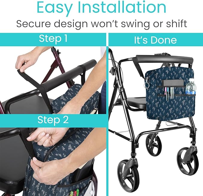 Vive Wheelchair Bag - Machine Washable, Double-Stitched, Water-Resistant Accessory Backpack for Rollators, Wheel Chairs, Walkers - Pouch with XL Pockets & Straps for Quick Installation