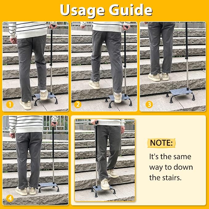Stair Climbing Cane Half Steps for Stairs Lifts Seniors Elderly Stair Cane Walking Aids for Stability 4 Prong Base Adjustable Sticks Stair Helper Assist Devices Mobility Aids Equipment - Black