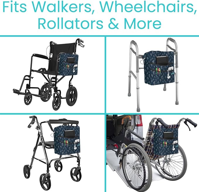 Vive Wheelchair Bag - Machine Washable, Double-Stitched, Water-Resistant Accessory Backpack for Rollators, Wheel Chairs, Walkers - Pouch with XL Pockets & Straps for Quick Installation