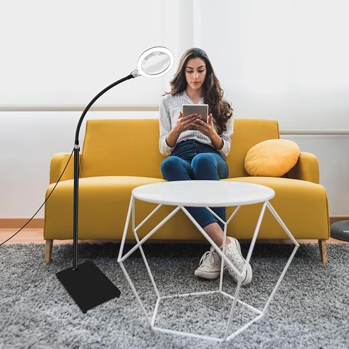 10X Large Floor Magnifying Glass with Light and Stand, Floor Magnifying Lamp 56 LED Flexible Gooseneck,Hands Free Lighted Magnifiers for Close Work, Sewing,Reading,Repair Craft