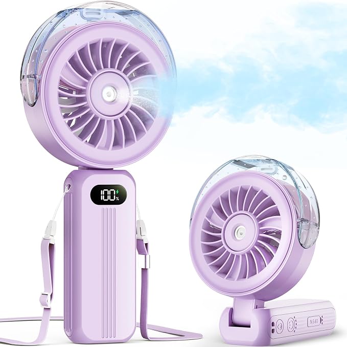 Otlonpe Handheld Misting Fan Portable, Powerful 4 High Speeds Rechargeable Small Hand Held Fan Water Mist, 4000mAh Battery Operated, Foldable, Lanyard, Personal Cooling for Travel Men Wome