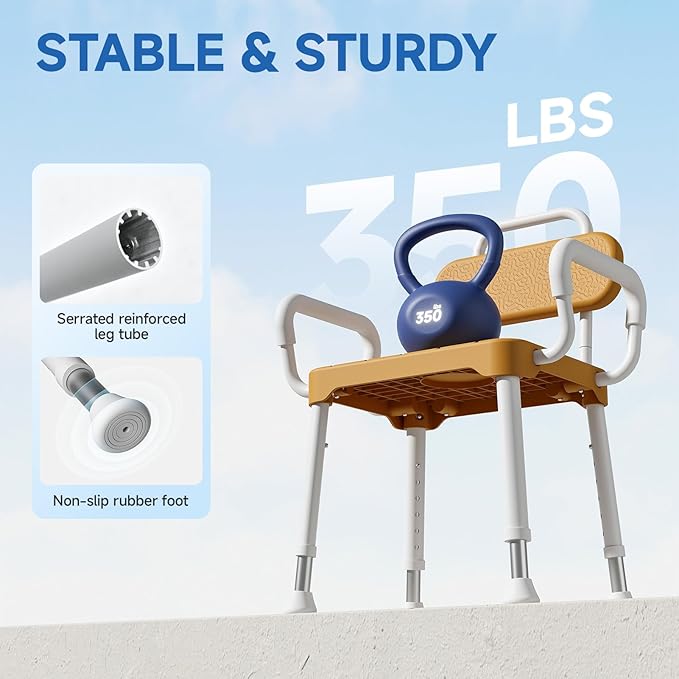 Shower Chair for Inside Shower ，Bath Chair with Arms and Back,Aluminum Shower Stool for Tub,Slip Resistant Shower Bench,Height-Adjustable Shower Seat with Padded Handles for Seniors，Brown