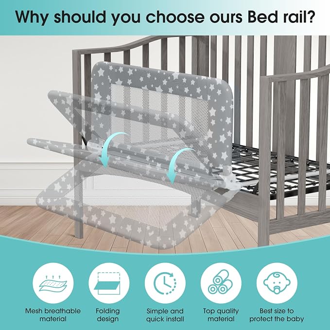 NUTIKAS Crib Rail Guard for Toddlers - 35.4" Toddler Bed Rails Convertible Safety Side Protector Swing Down Mesh Breathable Bed Barriers with Reinforced Anchor Safety