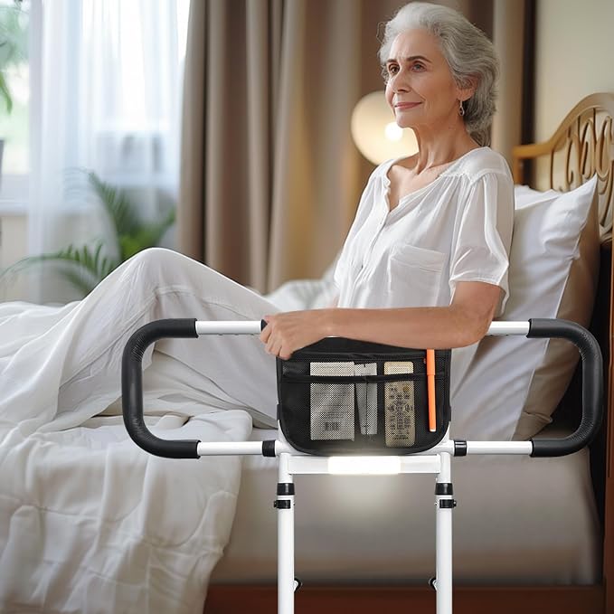 AOHHL Bed Rails for Elderly Adults Safety with Adjustable Heights Storage Pocket Assist Support Side Railings for Seniors Citizens Slides Under Mattressbed Cane Bed Guard Bed (White with Light)