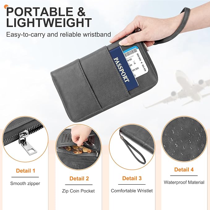 RFID Family Passport Holder Wallet - Travel Document Organizer | PU Leather, with Wristlet, Zipper, Cards, Boarding Pass, ID, Cash, Ticket Pockets,Travel Essentials Gifts for Women Men