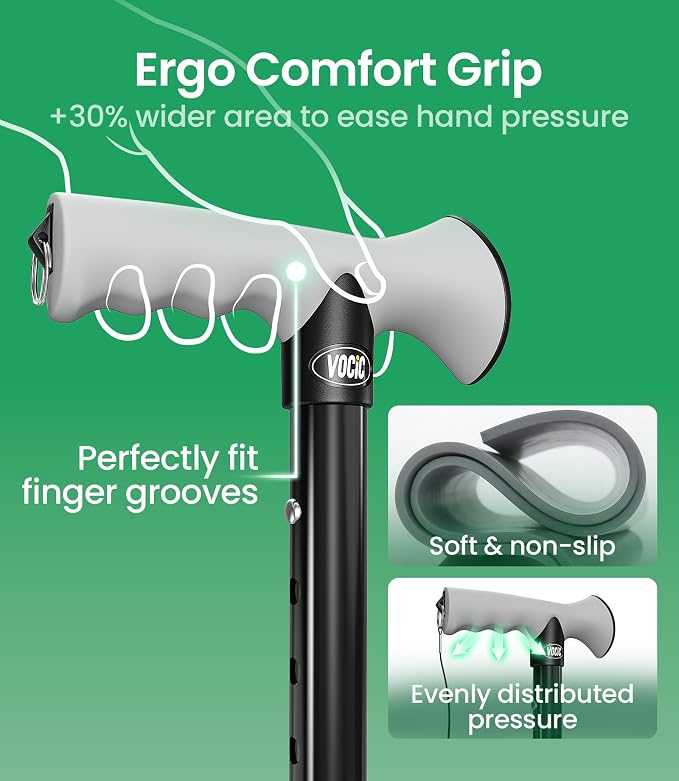 VOCIC Walking Cane for Men & Women, 10 Level Adjustable, 350lb Heavy Duty, Foldable & Collapsible Cane with Shock-Absorbing Tip & Travel Bag, Walking Sticks for Seniors & Adults