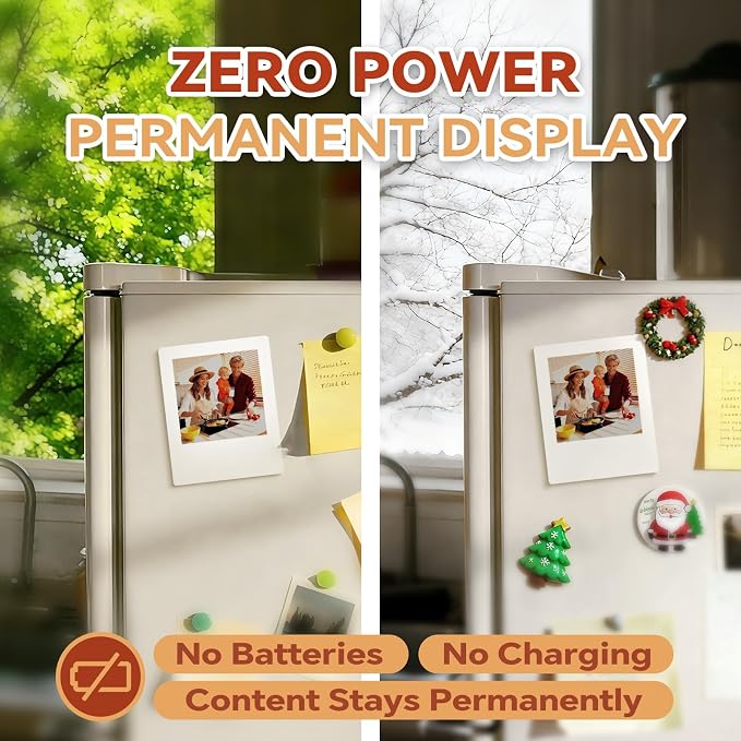 E-Paper Fridge Magnet Classic Plus, E-Ink Battery-Free Instant Photo Style Display, Wireless NFC Picture Frame, Phone-Controlled Acrylic Memo Board for Party/Travel/Home & Gifts, Compatible iPhone 13 and Newer (White)