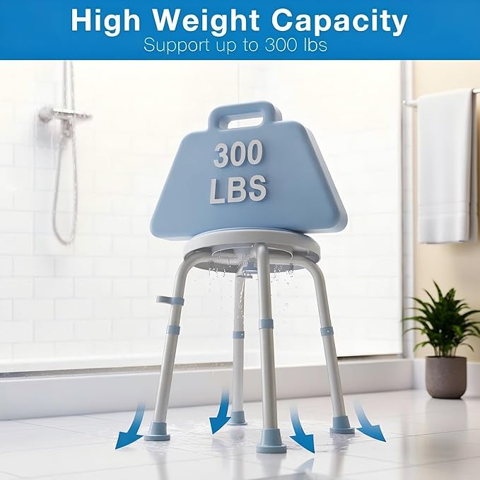 Swivel Shower Stool for Inside Shower, 360° Rotating Bath Stool with Non-Slip Seat Pad, Adjustable Shower Chair for Seniors with 6 Height Levels, Lightweight Seat Supports 300 lbs, Tool-Free Assembly