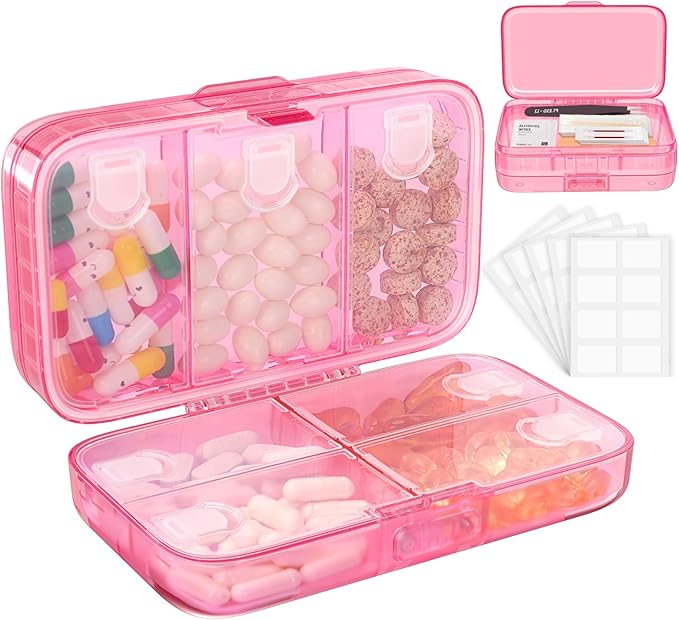 FYY Weekly Pill Organizer with Labels,8 Compartments Travel Daily Pill Case Airtight Moistureproof Large Pill Box to Hold Vitamins, Fish Oil, Supplements,Cotton Swab and Bandages-Hot Pink