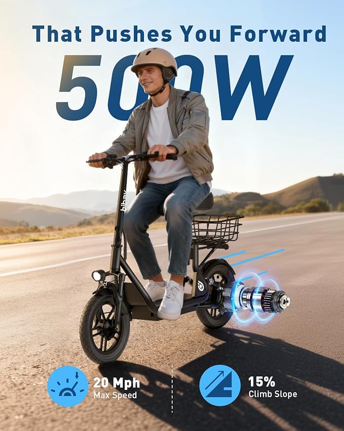 Hiboy Q2 Adult Electric Scooter with Seat & Phone Holder – 500W Motor, 22mi Range, 14" Wheels, Dual Suspension, Neon Lights, Foldable for Commute & Campus