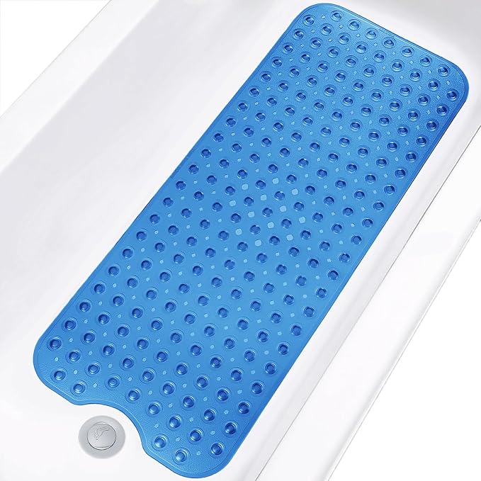 Bathtub and Shower Mats, Extra Long Non-Slip Bath Tub Mat 39 x 16 Inch, Machine Washable Bathmat with Suction Cups & Drain Holes for Bathroom Floor, Clear Royal Blue