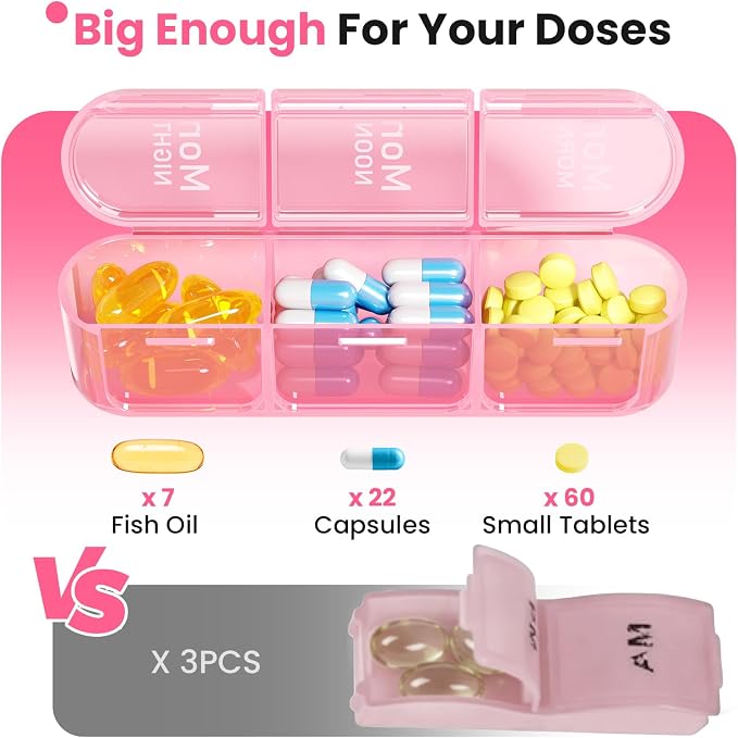 Pill Organizer 3X a Day, Medicine Pill Organizer 7 Day, Weekly Pill Case with 21 Compartments for Medicine, Vitamin and Supplement - Full Pink