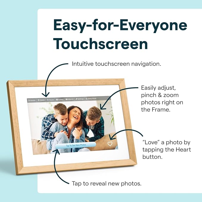 Skylight Digital Picture Frame 2 – 10" Full HD Wi-Fi Touch Screen, 16GB Digital Photo Frame, Load Photos & Videos Directly from Phone, Anti-Glare – Personalized Gifting, Rubber Wood Birch Brown