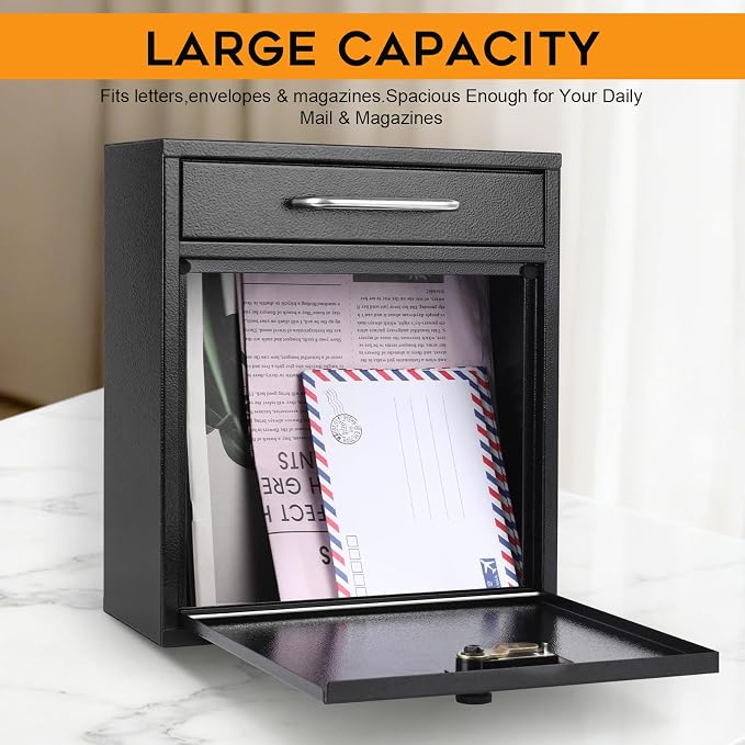 xydled Wall-Mount Mailboxes with Combination Lock, Black, Large | Steel Combination Lock Mail Boxes Outdoor, Locking Wall Mount Mailbox, Security Key Drop Box, 13.4H x 11.6L x 5.8W Inches