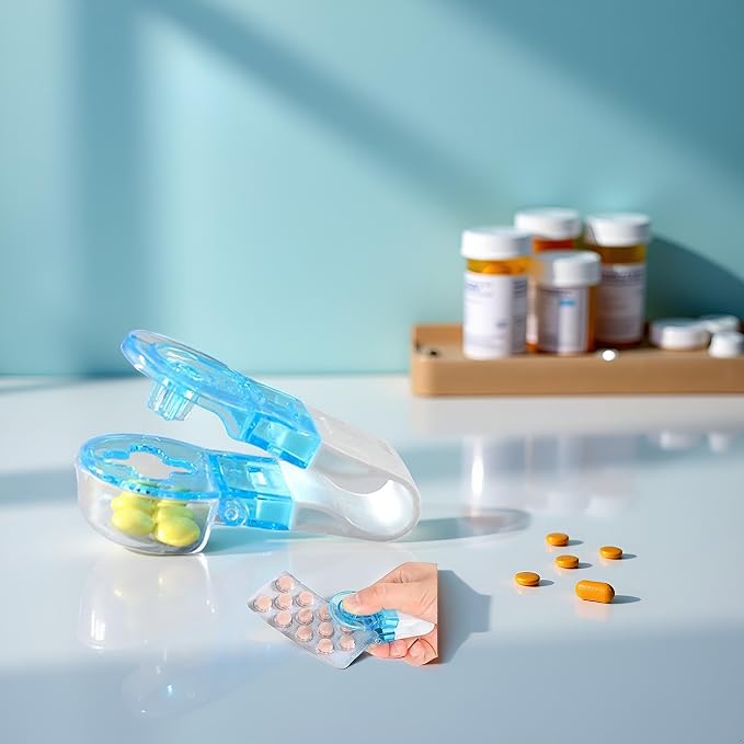 Blue Portable Pill Taker, Tablets Pills Blister Pack Opener Assistance Tool, Pill Splitter Cutter for Small Pills, Travel Pill Taker, Pill Dispenser, Storage Box Medication Dispenser, Medication Aids