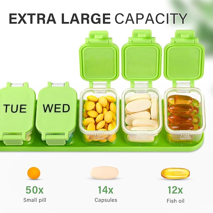2-Pack Large Waterproof 7-Day Pill Organizer - Extra Large AM/PM Pill Boxes for Vitamins, Fish Oils & Supplements, Portable Daily Medication Dispenser