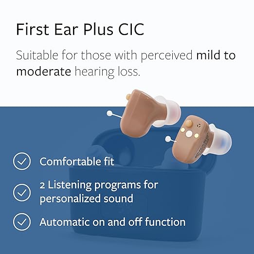 Nano Hearing Aids First Ear Plus CIC - Completely in Canal - For Adults & Seniors with Mild to Moderate Hearing Loss - Includes Rechargeable Battery, Portable Charging Case & Cable