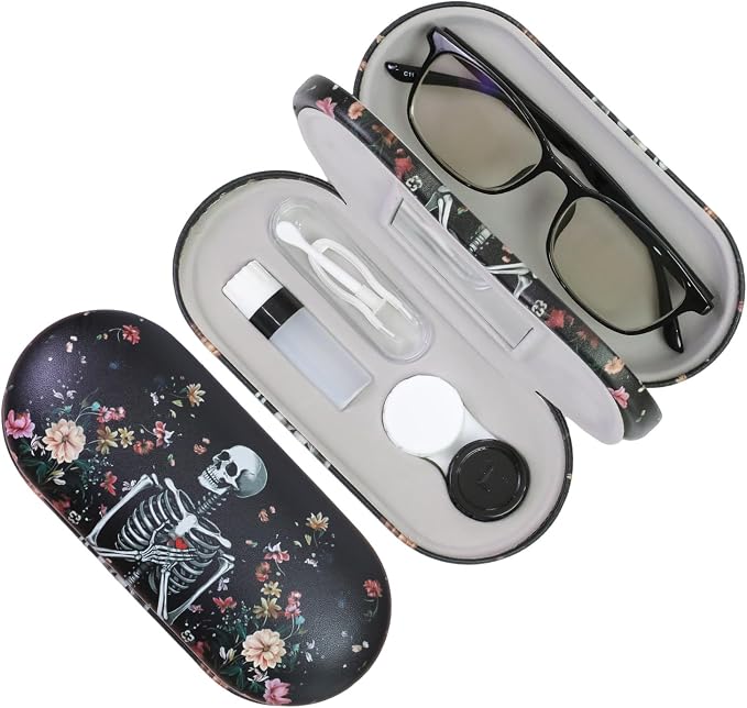 2 in 1 Contact Lens Case and Eyeglasses Case for Women Men Kids, Double Sided Hard Shell Portable Glasses Travel Holder with Built-in Mirror, Contact Lens Box Storage Kit (Black Skull)