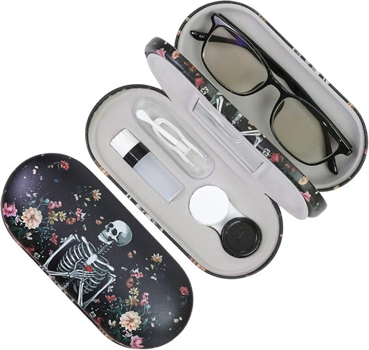 2 in 1 Contact Lens Case and Eyeglasses Case for Women Men Kids, Double Sided Hard Shell Portable Glasses Travel Holder with Built-in Mirror, Contact Lens Box Storage Kit (Black Skull)
