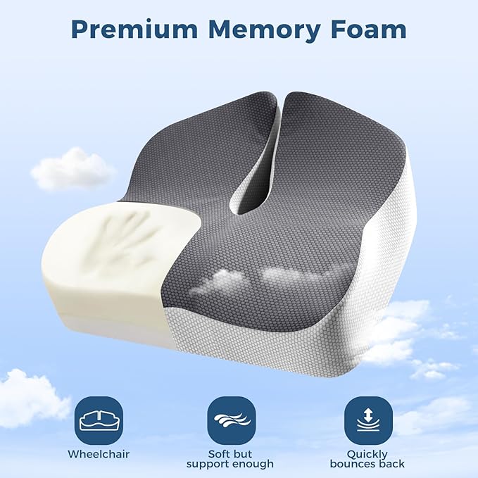 Seat Cushion for Office Chair with Adjustable Loft, Thick Memory Foam Chair Cushion for Back & Sciatica Tailbone Coccyx Pain Relief on Home Chair, Ergonomic Wheelchair Desk Pillow Hip Shaping Support