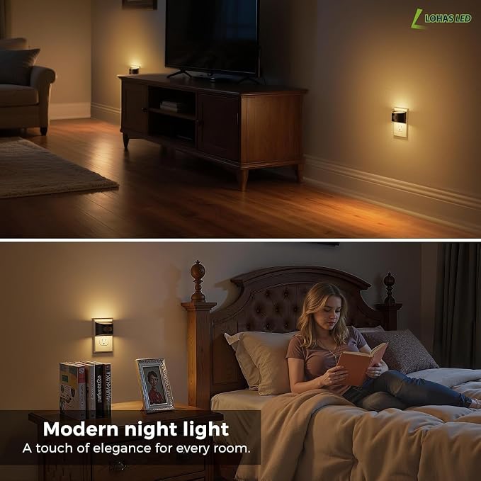 L LOHAS LED Motion Sensor Night Light, Night Lights Plug into Wall, 2 Pack | Nightlight with Dusk to Dawn & Motion Detection Sensor, 30-100Lm Adjustable Brightness, 3000K Warm White, Black Housing