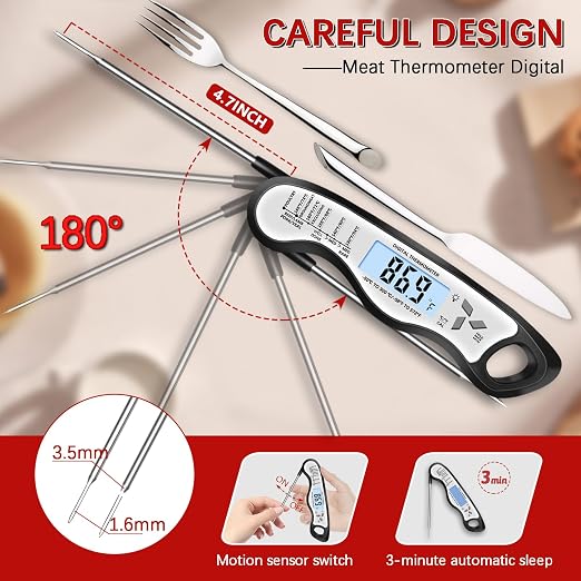 Cooking Thermometer，IP67 Waterproof Meat Thermometer Digital | Backlight，Magnetic attraction，Hold Function，Instant Read，LED screen，for Cooking,Outdoor Grilling
