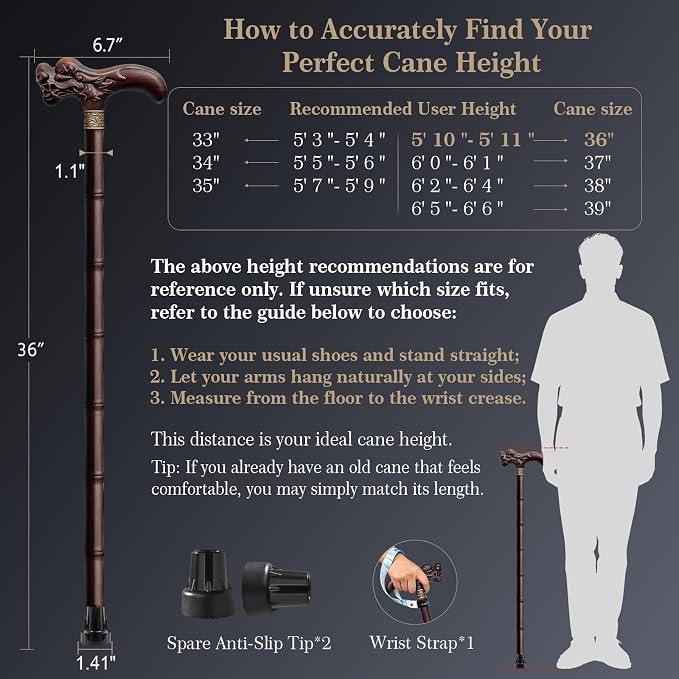 Wooden Walking Cane, 3D Dragon Engraved Cane Support up to 400 lb, Canes for Seniors Men Women of Different Heights