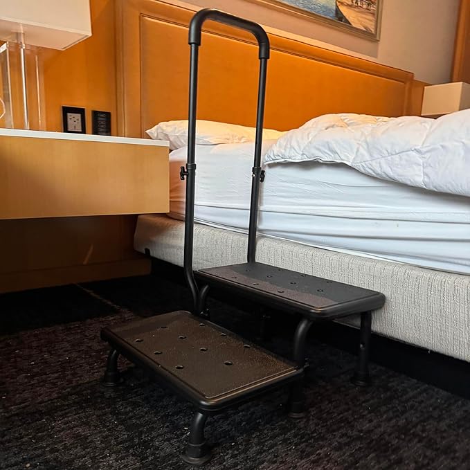 2 Step Stool with Handle for Elderly - Bed Steps for High Beds with Adjustable Handrail &Non-Slip Platform, Holds up to 450 lbs