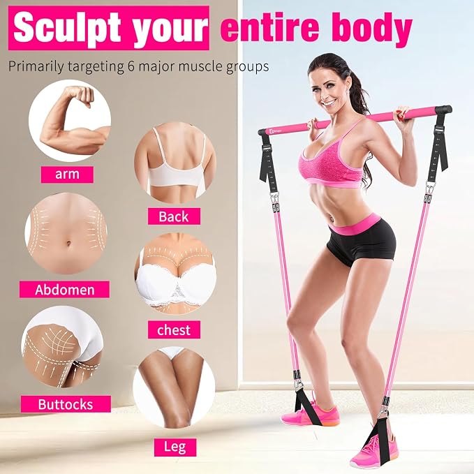 Bbtops Pilates Bar Kit with Resistance Bands,Pilates Bar with Stackable Bands Workout Equipment for Legs,Hip,Waist and Arm,Exercise Fitness Equipment for Women & Men Home Gym Yoga Pilates