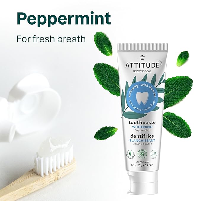 Attitude Whitening Toothpaste with Fluoride, Peppermint Flavor, Vegan & Cruelty-Free, Sugar-Free, Plant & Mineral-Based Ingredients, Clean Oral Care, 4.2 Oz
