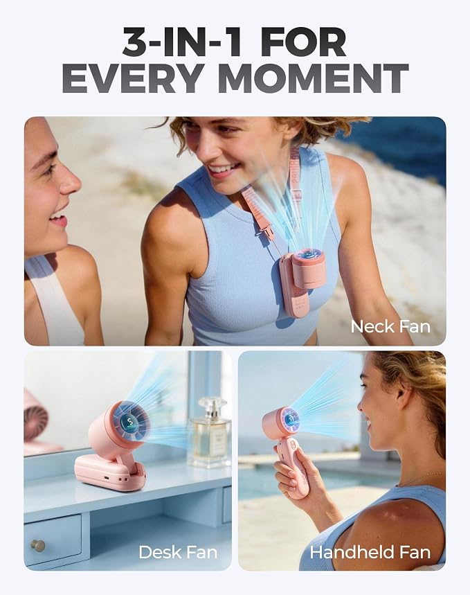 Diveblues Mini Portable Handheld Turbo Fan 27ft/s, 4000mAh Battery | 12H Max Cooling, 5 Speeds, LED Display, Quiet Motor, 3-in-1 Handheld/Neck/Desk Fan for Travel, Cruise & Disney Essentials