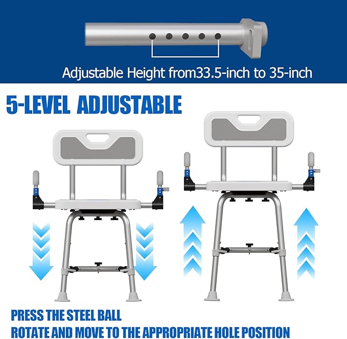 Shower Chair for Seniors Elderly Handicap Disabled Or Bariatric Adults Heavy Duty 500 Lbs Bench Seat for Inside Shower Stall and Bathroom Bath Tub with Arms and Back Adjustable Stool Chairs