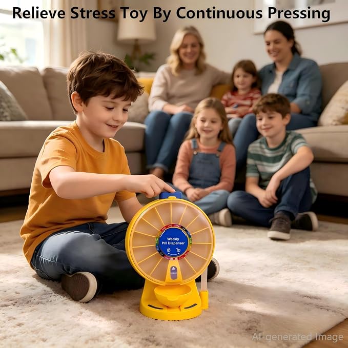 EziMedPil Pill Organizer for Children’s Vitamins with No-Flip & Child Proof | One-Press Button Wall-Mounted or Free-Standing Container as Gift for Kid’s Candy, Repeatedly Pressing as a Stress-Relief Toy
