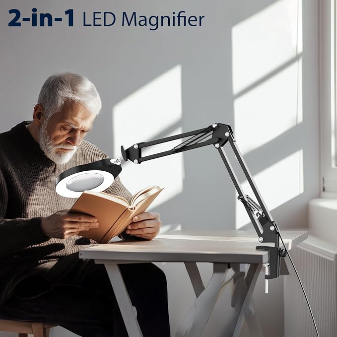 15X Magnifying Glass with Light and Stand, 84 LED Desk Magnifying Glass wtih Clamp,5 Color Modes Stepless Dimmable LED Lighted Desk Lamp for Craft Hobby Painting Reading Sewing Close Work