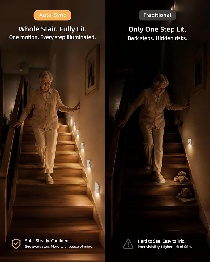 EZVALO 6 Pack Motion Sensor Night Lights, Sync LED Stair Lights Indoor, 1500mAh Rechargeable, Magnetic & Dimmable, 3000K Soft White, Portable Nightlight for Hallway, Stairs, Bathroom, Bedroom