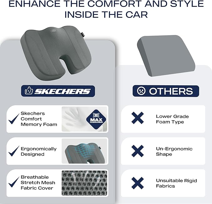 Skechers Seat Cushion, Air Cooled Memory Foam Cushion for Office Chair,Ergonomic Office Desk Accessories for Tailbone Pain Relief,Chair Cushions for Long Sitting Office Workers,Car Drivers,Gray