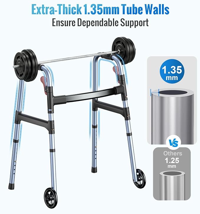 HOMLAND Standard Walkers for Seniors, 6.5lb Lightweight Foldable Walker | One-Hand Folding, 8 Height Adjustments, 350lb Capacity, Easy to Assemble, 2 Skis, 5" Wheels, Aluminum Frame, Frosted Silver